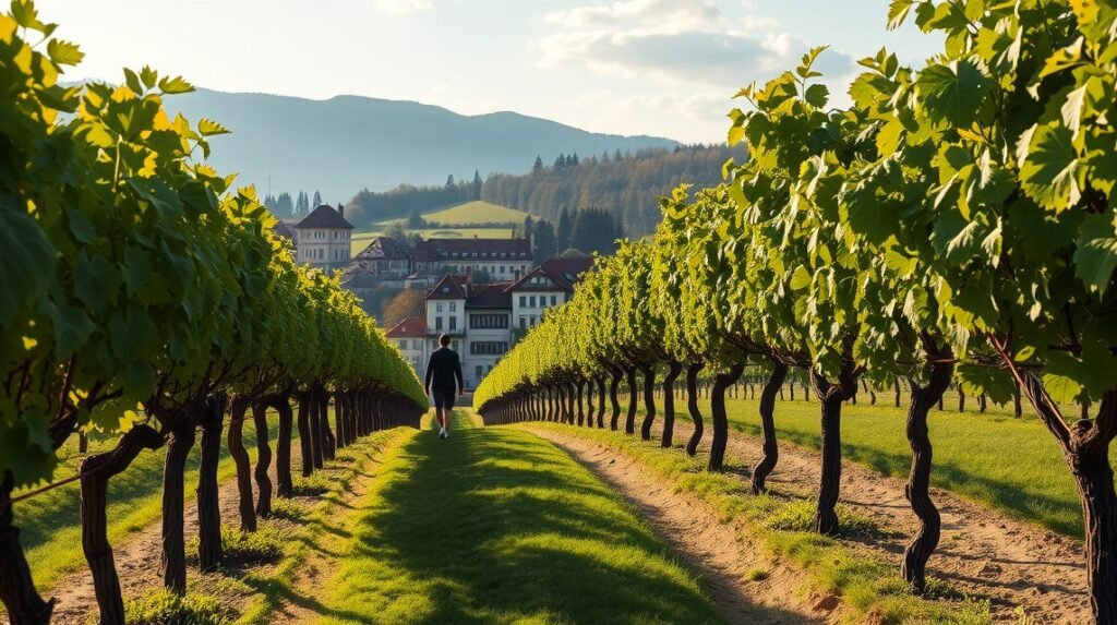 Séta a szőlőtőkék között Stájerországban, Maribor közelében.