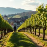 Séta a szőlőtőkék között Stájerországban, Maribor közelében.