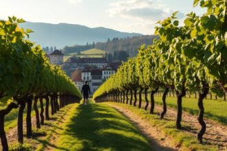 Séta a szőlőtőkék között Stájerországban, Maribor közelében.