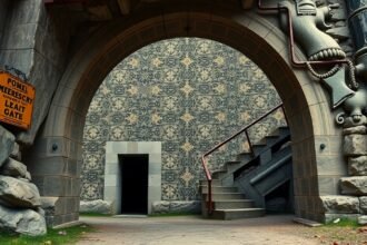 Idrija városkapu és lépcső, híres csipke mintával