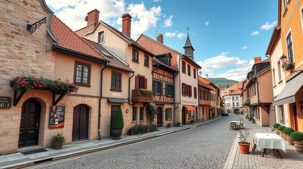 Škofja Loka középkori utcája virágzó házakkal és hagyományos építkezéssel.