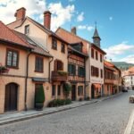 Škofja Loka középkori utcája virágzó házakkal és hagyományos építkezéssel.