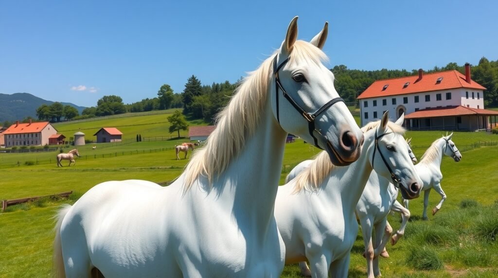 Fehér lipicai lovak a zöld réten Lipicában, Szlovéniában.