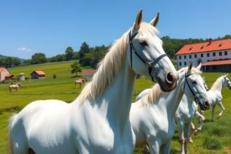 Fehér lipicai lovak a zöld réten Lipicában, Szlovéniában.