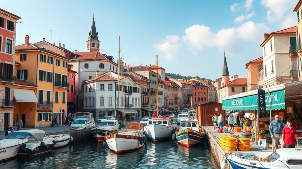 Piran város látképe a kikötőben, színes házakkal és hajókkal.