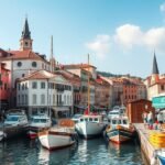 Piran város látképe a kikötőben, színes házakkal és hajókkal.