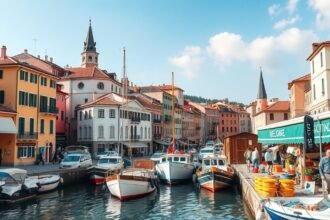 Piran város látképe a kikötőben, színes házakkal és hajókkal.