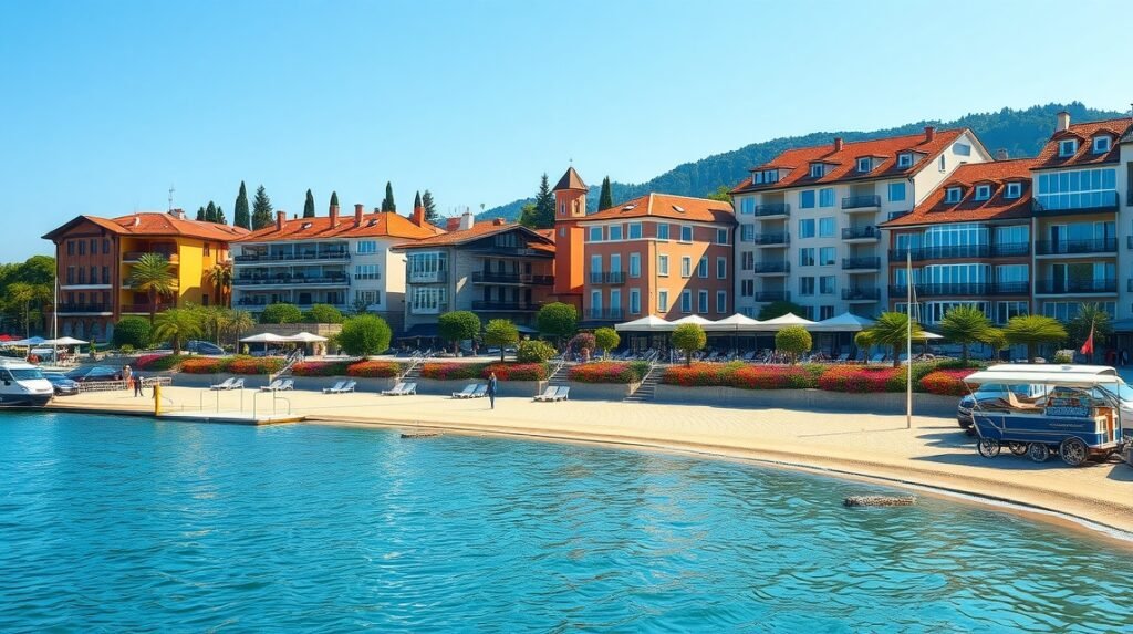 Portorož város látképe a homokos strand mellett, luxushotelekkel.