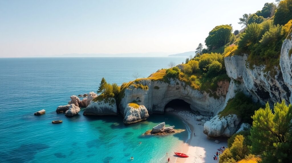 A Mesečev zaliv (Hold-öböl) gyönyörű strandja Szlovéniában