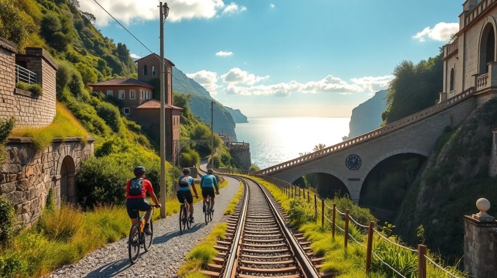 Kerékpárosok a Parenzana vasútvonal mellett, tengerparti panorámával