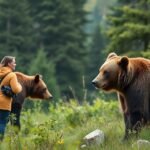 Csoport emberek a vadonban medvékkel Dél-Szlovéniában