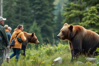 Csoport emberek a vadonban medvékkel Dél-Szlovéniában