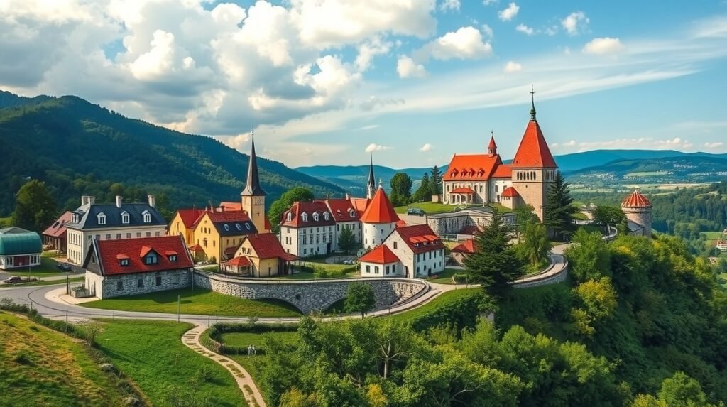 Muravidék szlovén táj a történelmi épületekkel és zöldellő dombokkal.