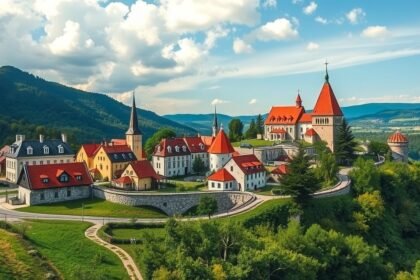 Muravidék szlovén táj a történelmi épületekkel és zöldellő dombokkal.