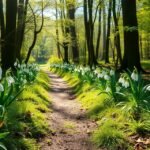 Tavaszi túraútvonal hóvirágokkal az erdőben