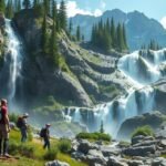 Látványos vízesés túrázók társaságában lenyűgöző tájban.