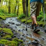 Túrázó a csúszós ösvényen a tavaszi erdőben.