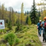 Kirándulás a természetben kullancsfigyelmeztető táblával.