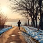 Férfi fut a hó borította úton naplementekor az erdő mellett.