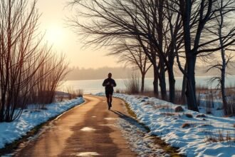 Férfi fut a hó borította úton naplementekor az erdő mellett.