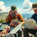 Túratervezés digitális és papíralapú térképpel a szabadban.