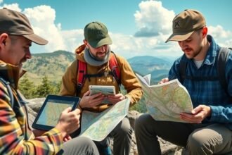 Túratervezés digitális és papíralapú térképpel a szabadban.