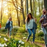 Családi kirándulás a tavaszi erdőben virágokkal