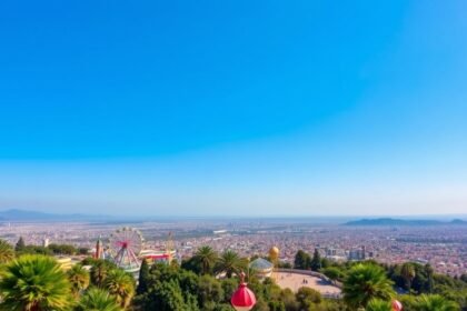 Panoráma a Tibidabo hegyről, Barcelona városára és a vidámparkra.