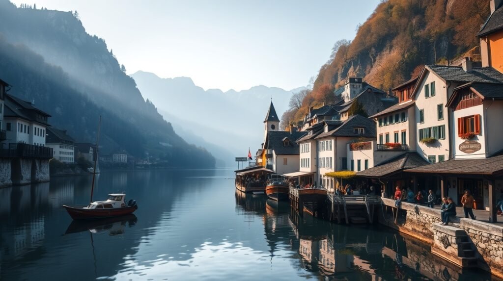 Hallstatt festői tája reggel, csendes vízpart és hegyek