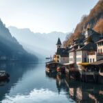 Hallstatt festői tája reggel, csendes vízpart és hegyek