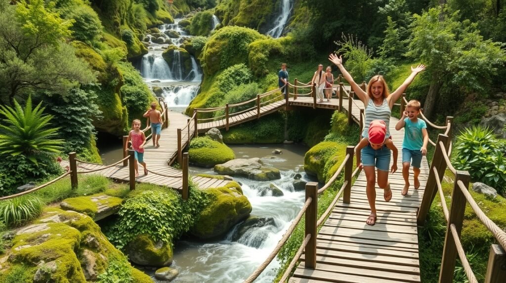 Családi kaland a Myra-vízesésnél, fapallókon sétálva.