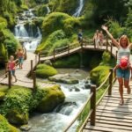 Családi kaland a Myra-vízesésnél, fapallókon sétálva.