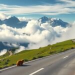 Felhők fölött kanyargó hegyi út mormotákkal az osztrák Grossglocknernél