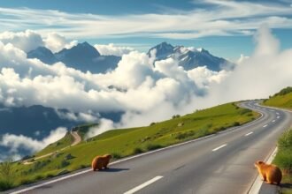 Felhők fölött kanyargó hegyi út mormotákkal az osztrák Grossglocknernél