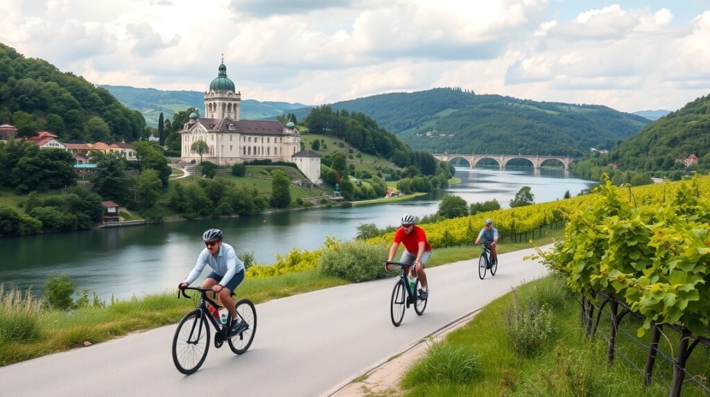 Kerékpárosok a Duna partján, Melki apátság mögött, Wachau-völgyben.
