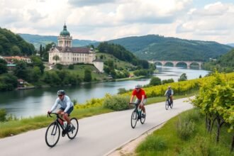Kerékpárosok a Duna partján, Melki apátság mögött, Wachau-völgyben.