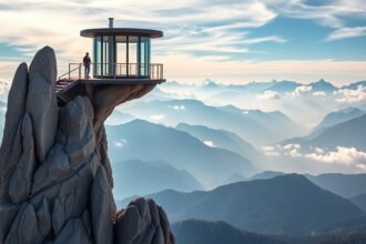 Kilátás az 5 ujj kilátóról a Dachstein felett, lenyűgöző panorámával.