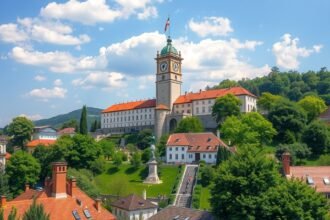 A Schlossberg dombja Grazban, Ausztria, az Óratoronnyal.