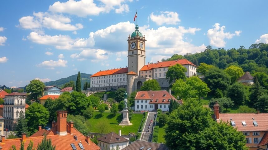 A Schlossberg dombja Grazban, Ausztria, az Óratoronnyal.