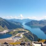 Kapruni víztározók panorámája a magashegységben, türkiz tavakkal.