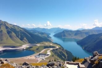 Kapruni víztározók panorámája a magashegységben, türkiz tavakkal.
