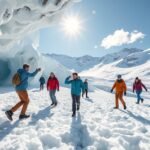Csoport emberek jégbarlang előtt a Hintertux-gleccseren nyáron.