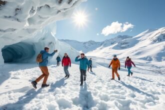 Csoport emberek jégbarlang előtt a Hintertux-gleccseren nyáron.