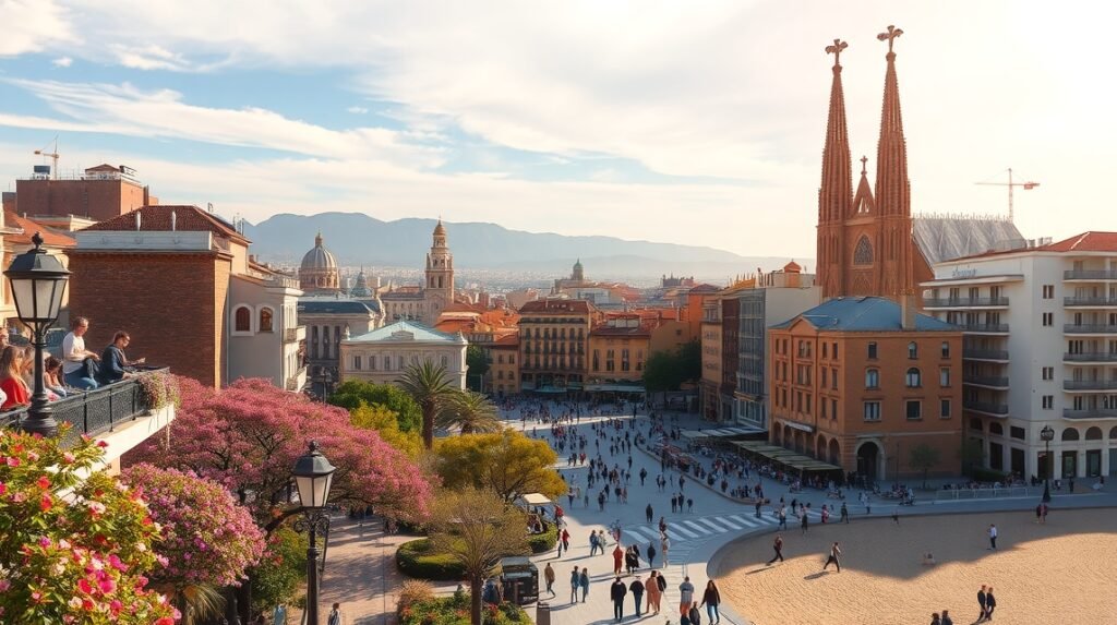 Barcelona város kép panorámája tavaszi időben, virágzó fákkal.