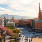 Barcelona város kép panorámája tavaszi időben, virágzó fákkal.