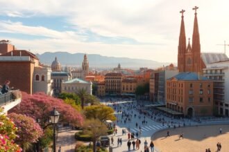 Barcelona város kép panorámája tavaszi időben, virágzó fákkal.