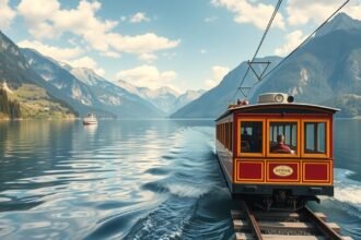 Hajó és kisvasút a Wolfgangsee-tónál, Salzkammergutban