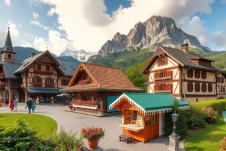 Mariazell kultikus környezete a Bürgeralpe lábánál, színes házakkal.