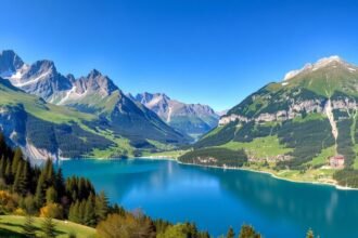 A Lünersee lenyűgöző alpesi tája a hegyekkel és a kristálytiszta tóval.