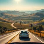 Toszkána dombjain autóval utazók látványa egy napsütéses napon.